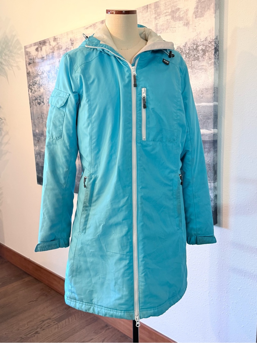 Helly Hanson Women's Long Belfast Hooded Jacket medium turquoise blue